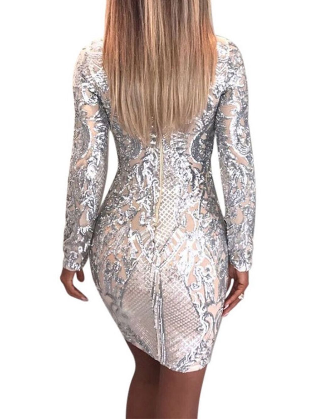 Vestido Bodycon Manga Longa Acima Do Joelho Com Paetês E Lantejoulas