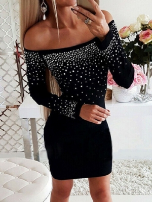 Vestido Bodycon Manga Longa Acima Do Joelho Diamante Ombro Frio