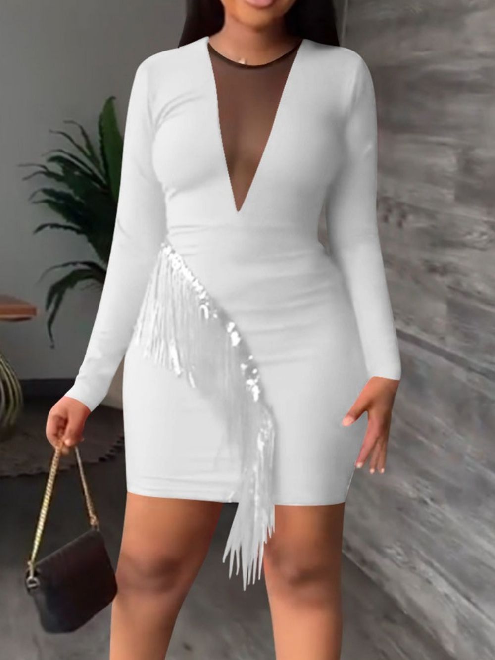 Vestido Bodycon Manga Longa Acima Do Joelho Tassel Fall