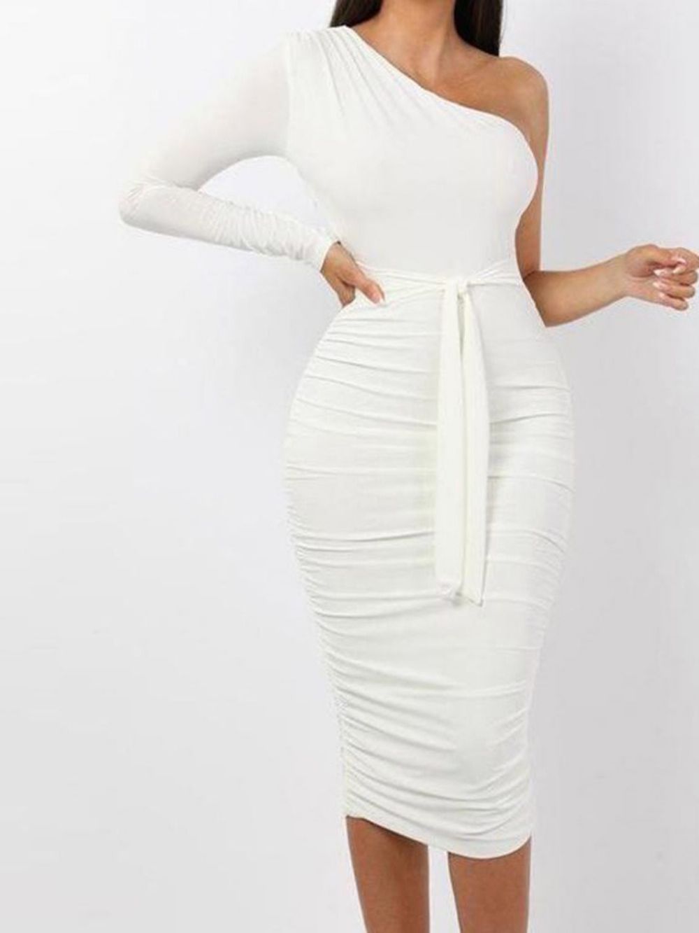 Vestido Bodycon Manga Longa Meia Panturrilha Gola Oblíqua E Listras