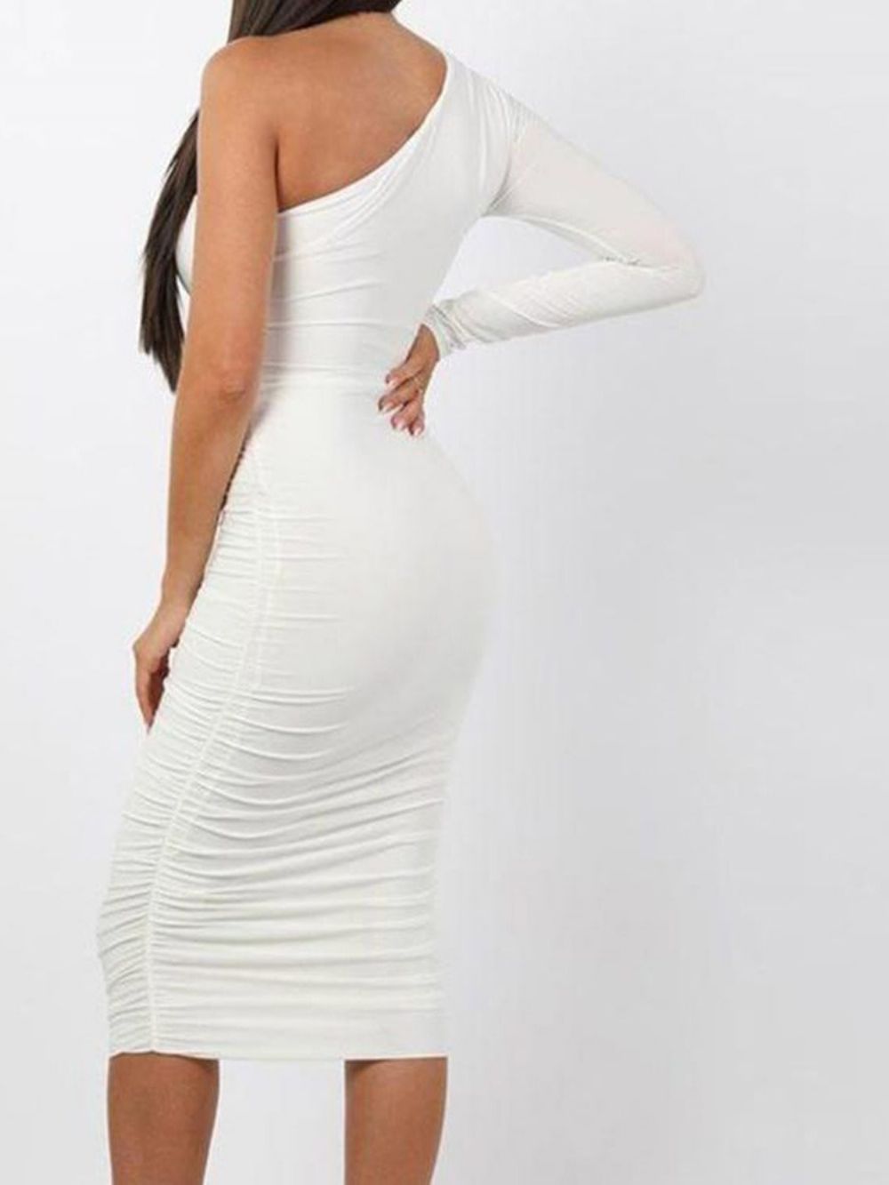 Vestido Bodycon Manga Longa Meia Panturrilha Gola Oblíqua E Listras