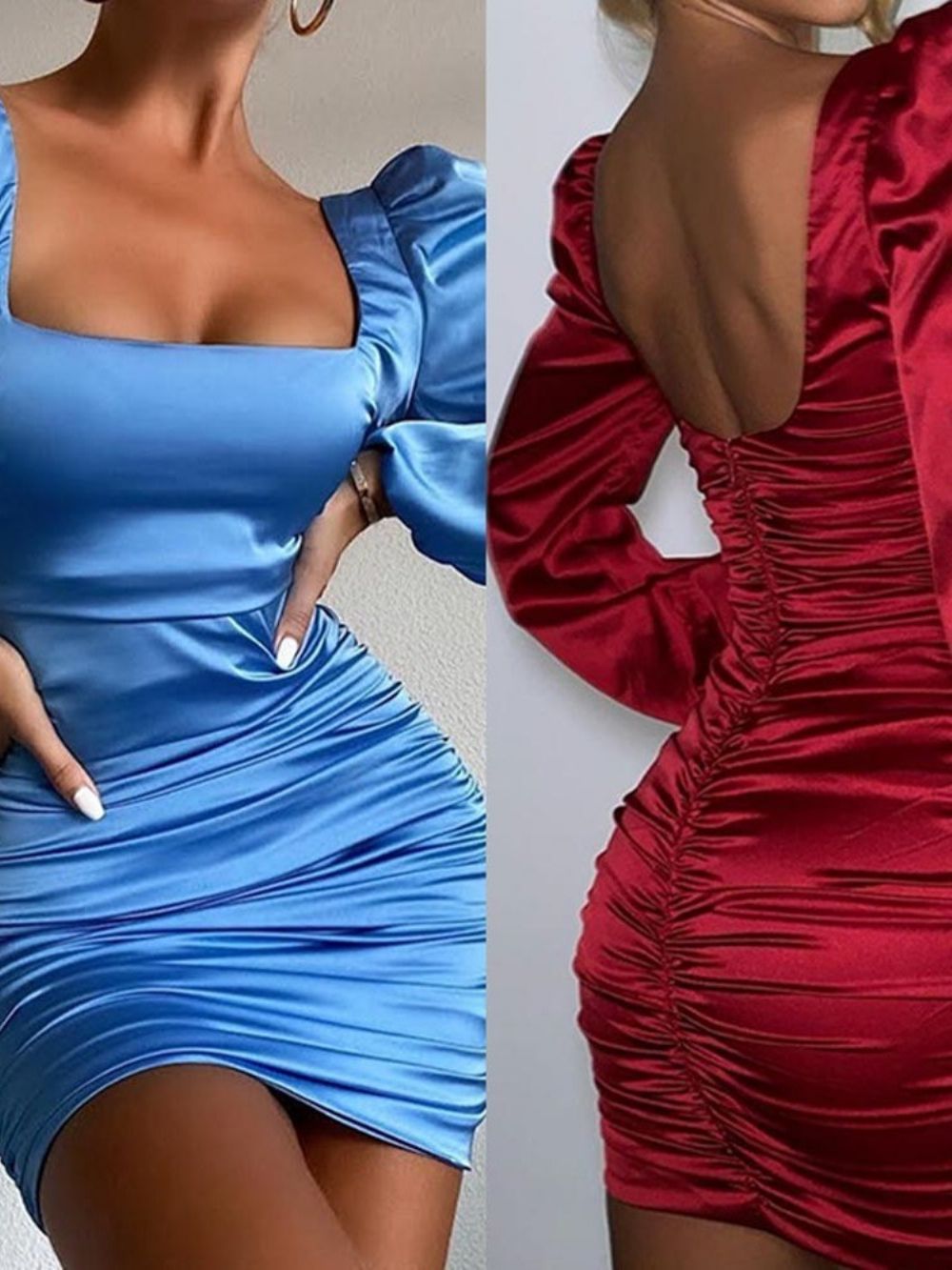 Vestido Bodycon Manga Longa Plissada Acima Do Joelho