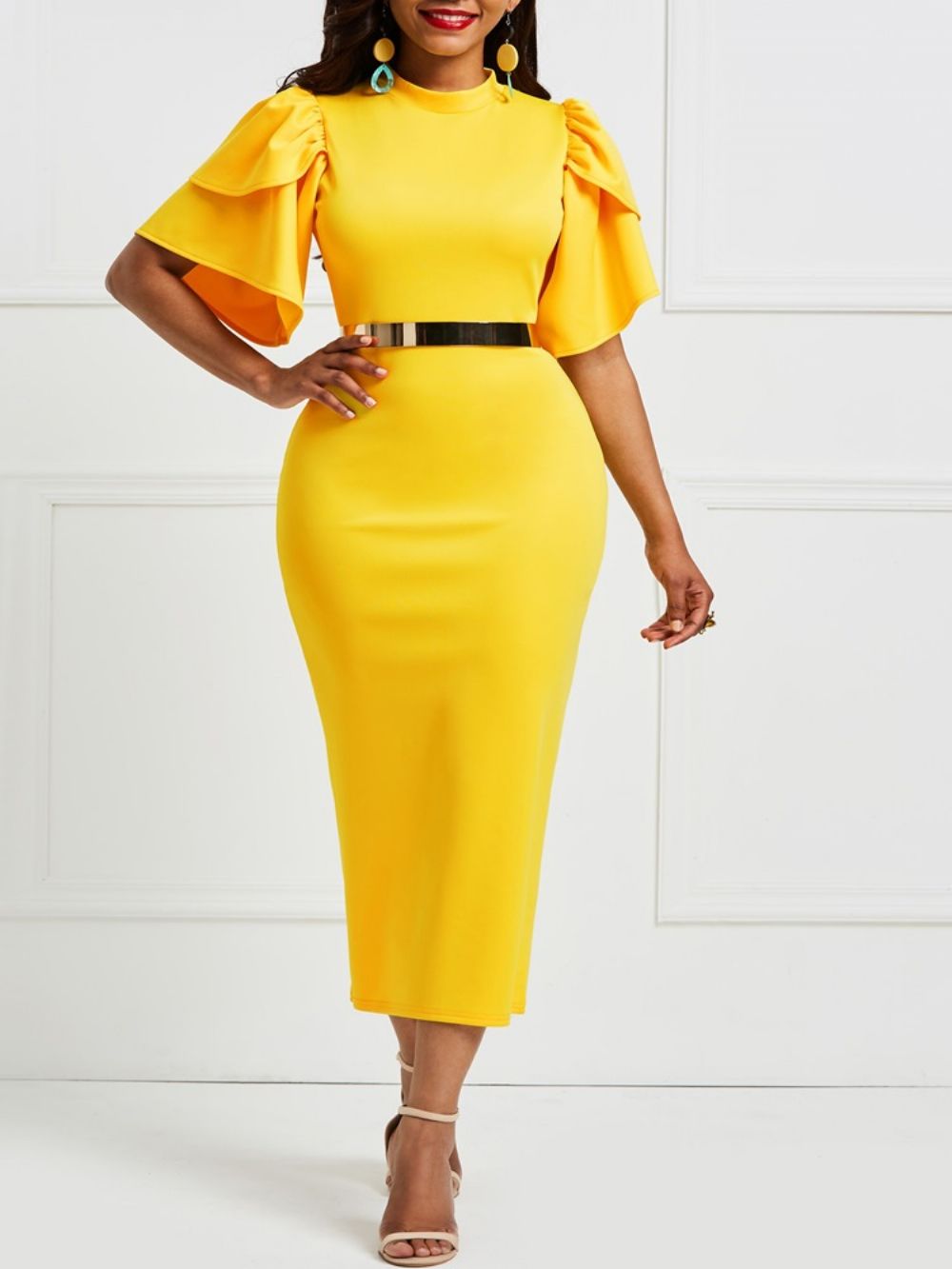 Vestido Bodycon Manga Plissado Amarelo (Sem Cós)