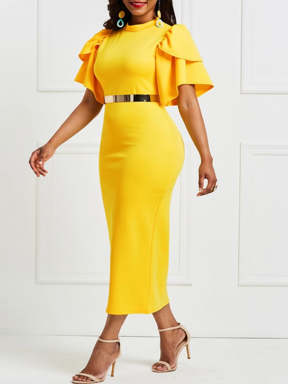 Vestido Bodycon Manga Plissado Amarelo (Sem Cós)