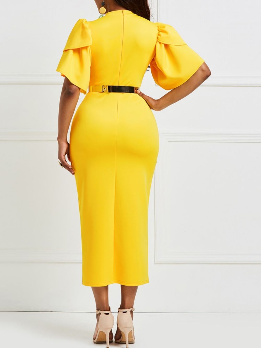 Vestido Bodycon Manga Plissado Amarelo (Sem Cós)