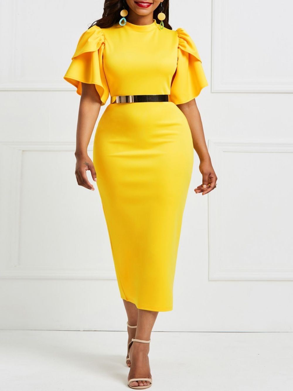 Vestido Bodycon Manga Plissado Amarelo (Sem Cós)