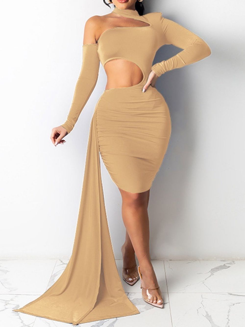 Vestido Bodycon Moda Assimétrico Manga Longa Até O Chão