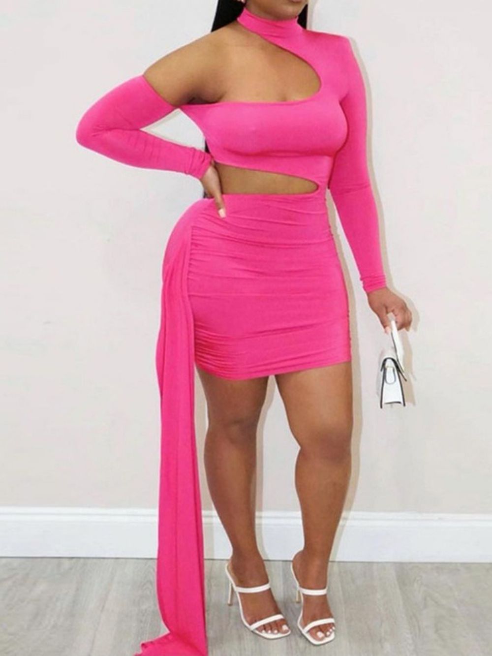 Vestido Bodycon Moda Assimétrico Manga Longa Até O Chão