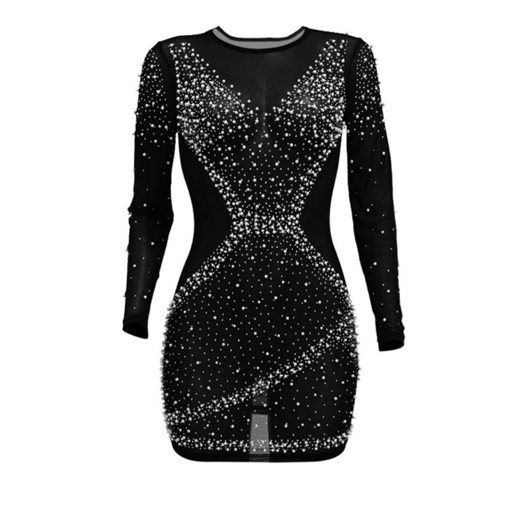 Vestido Bodycon Moda Regular Com Contas Acima Do Joelho Manga Longa