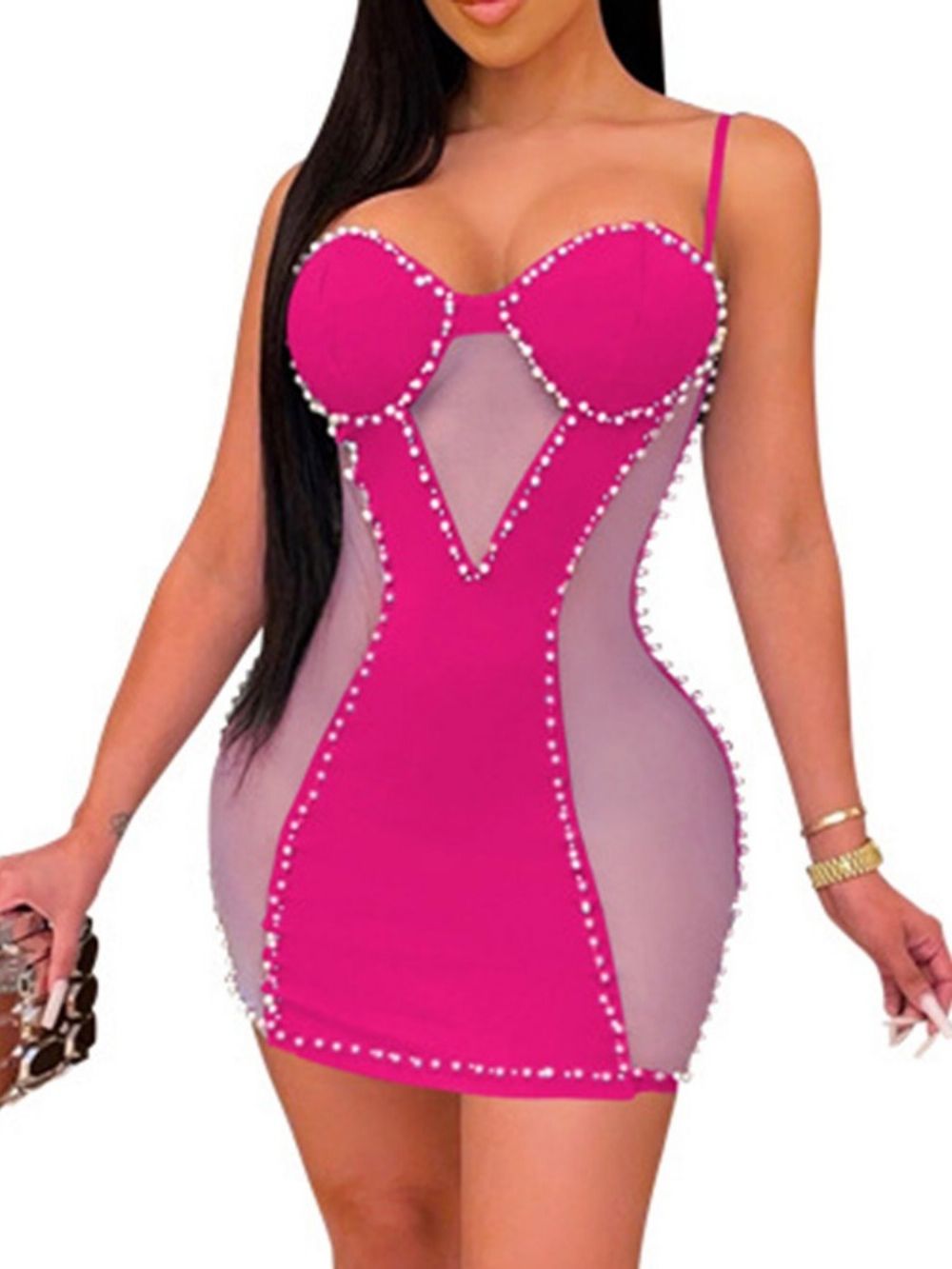 Vestido Bodycon Moda Sem Manga Acima Do Joelho Mesh Cintura Média