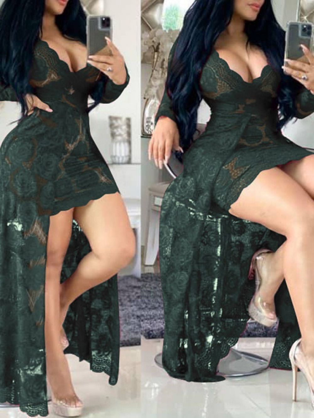 Vestido Bodycon Sexy Assimétrico Com Decote Em V Oco E Manga Longa