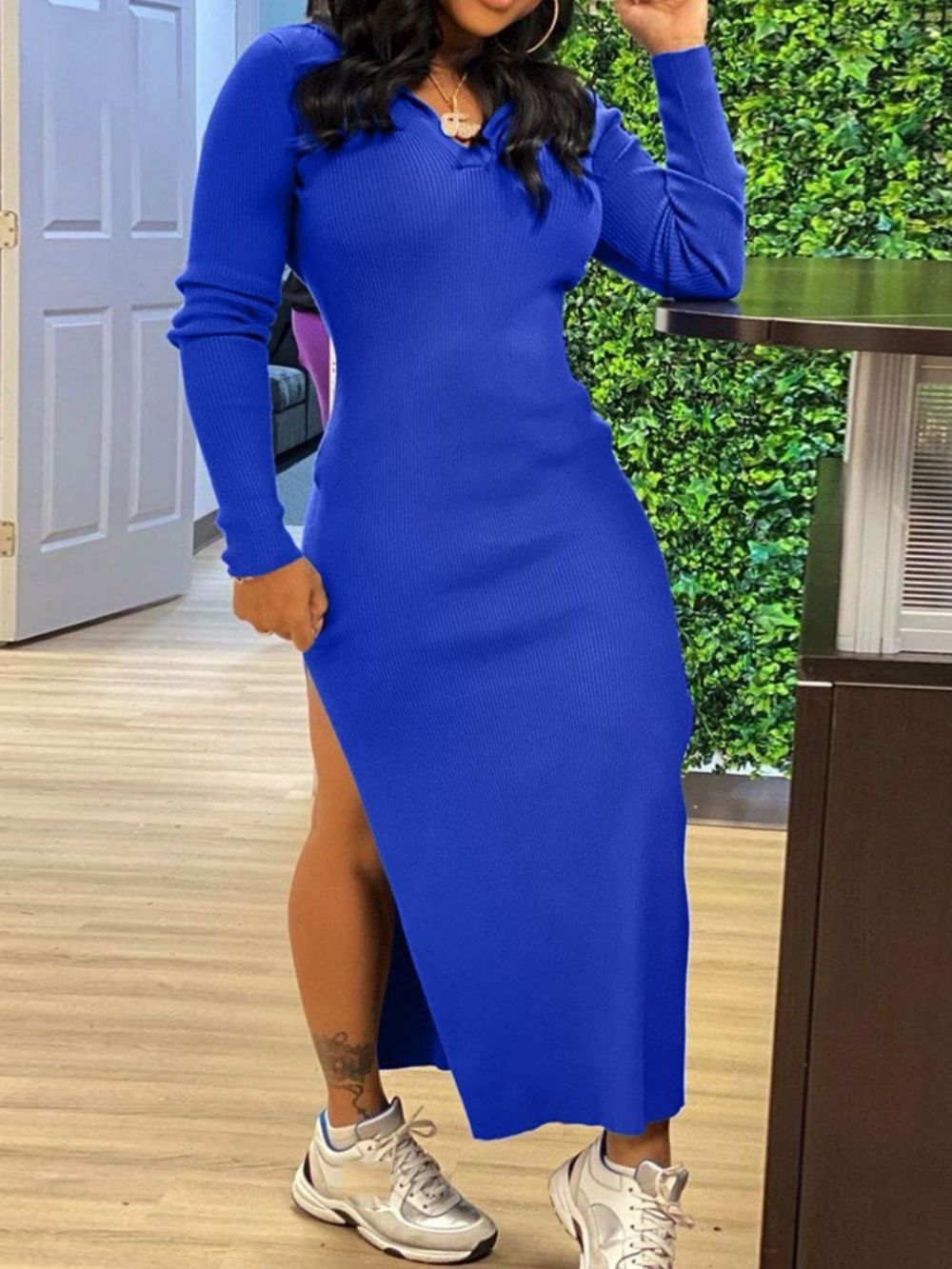 Vestido Bodycon Simples Regular Com Capuz Manga Longa Dividida