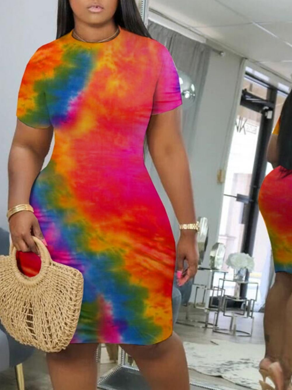 Vestido Bodycon Tie-Dye Comprimento Joelho Manga Curta Cintura Média