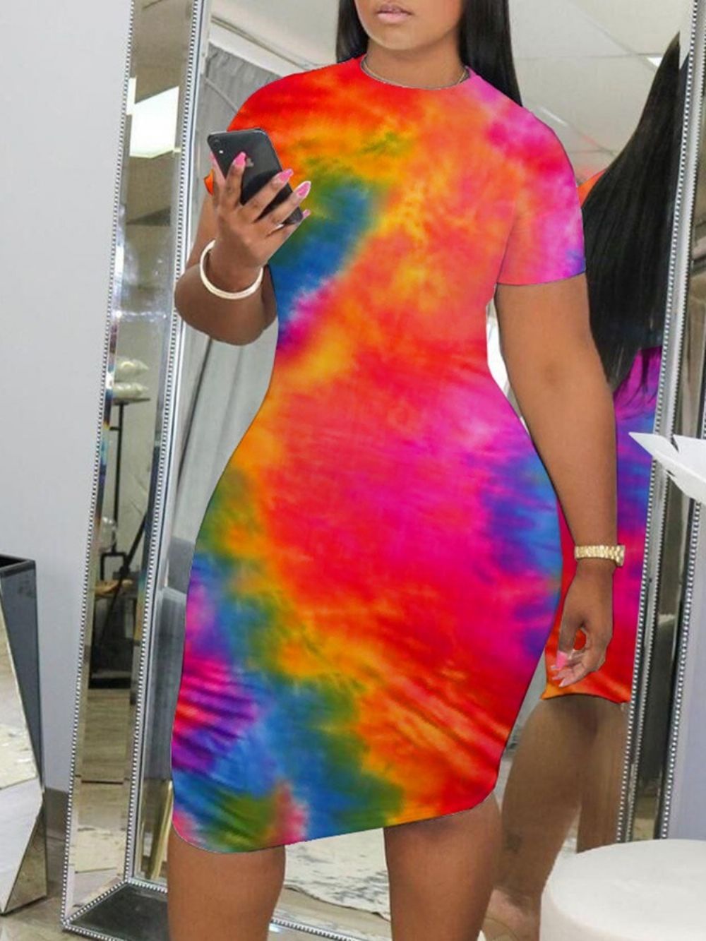 Vestido Bodycon Tie-Dye Comprimento Joelho Manga Curta Cintura Média