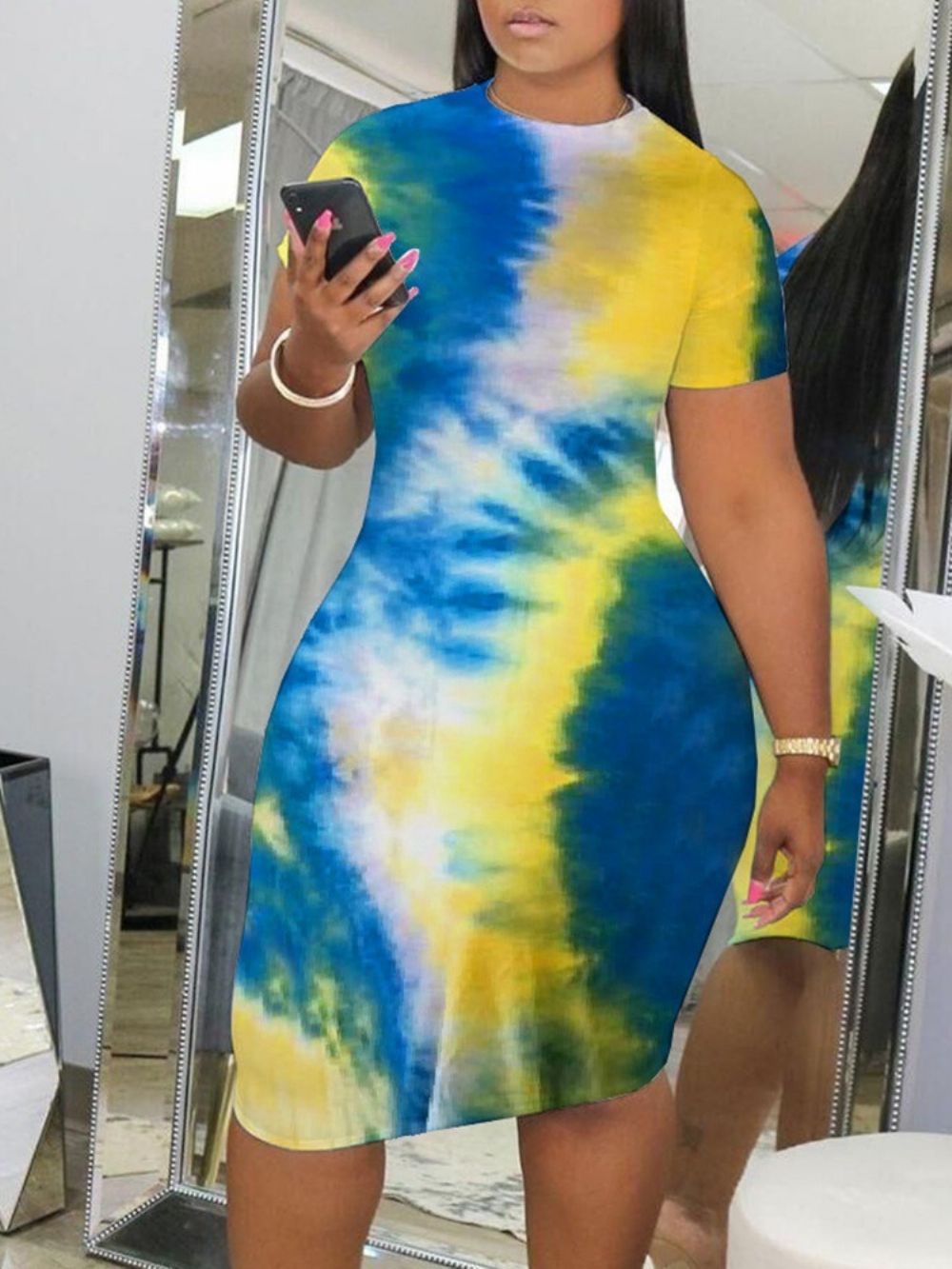 Vestido Bodycon Tie-Dye Comprimento Joelho Manga Curta Cintura Média