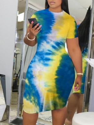 Vestido Bodycon Tie-Dye Comprimento Joelho Manga Curta Cintura Média