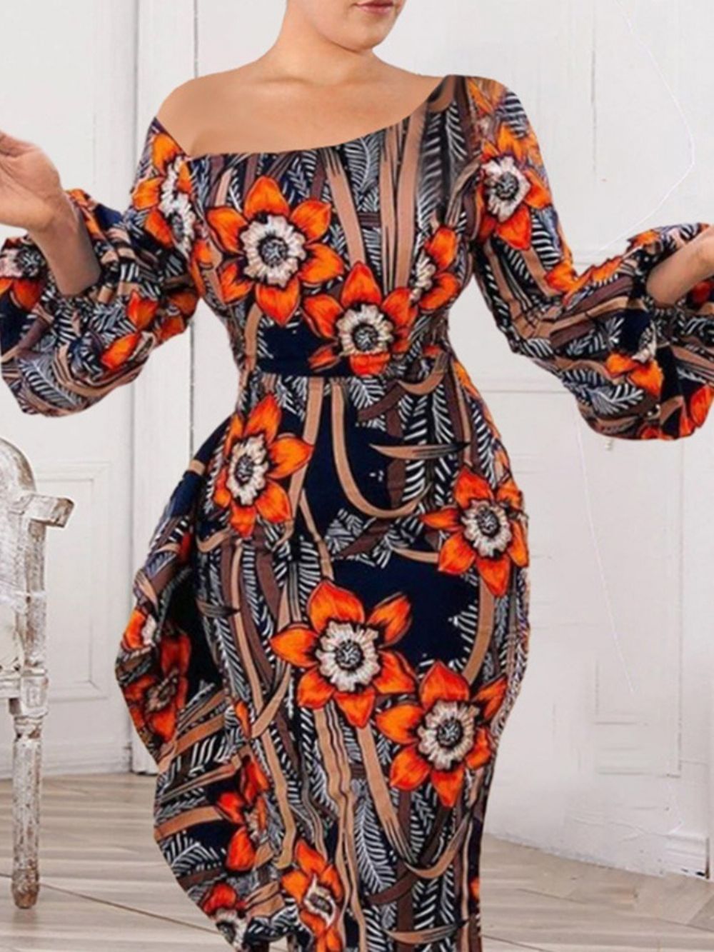 Vestido De Cintura Alta Estampado Manga Nove Pontos Moda Cintura Alta Bodycon