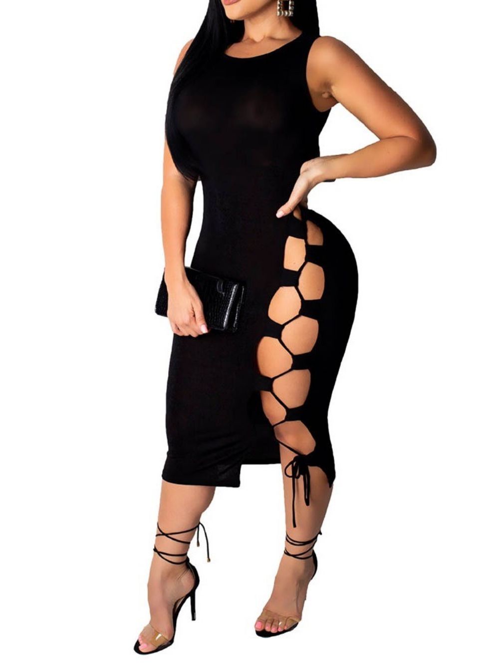 Vestido De Cintura Média Sexy Sem Mangas Com Amarração Na Panturrilha