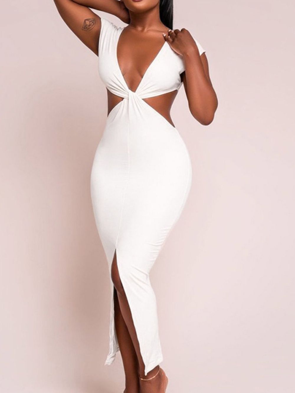 Vestido Com Decote Em V Manga Curta E Oco Branco Bodycon