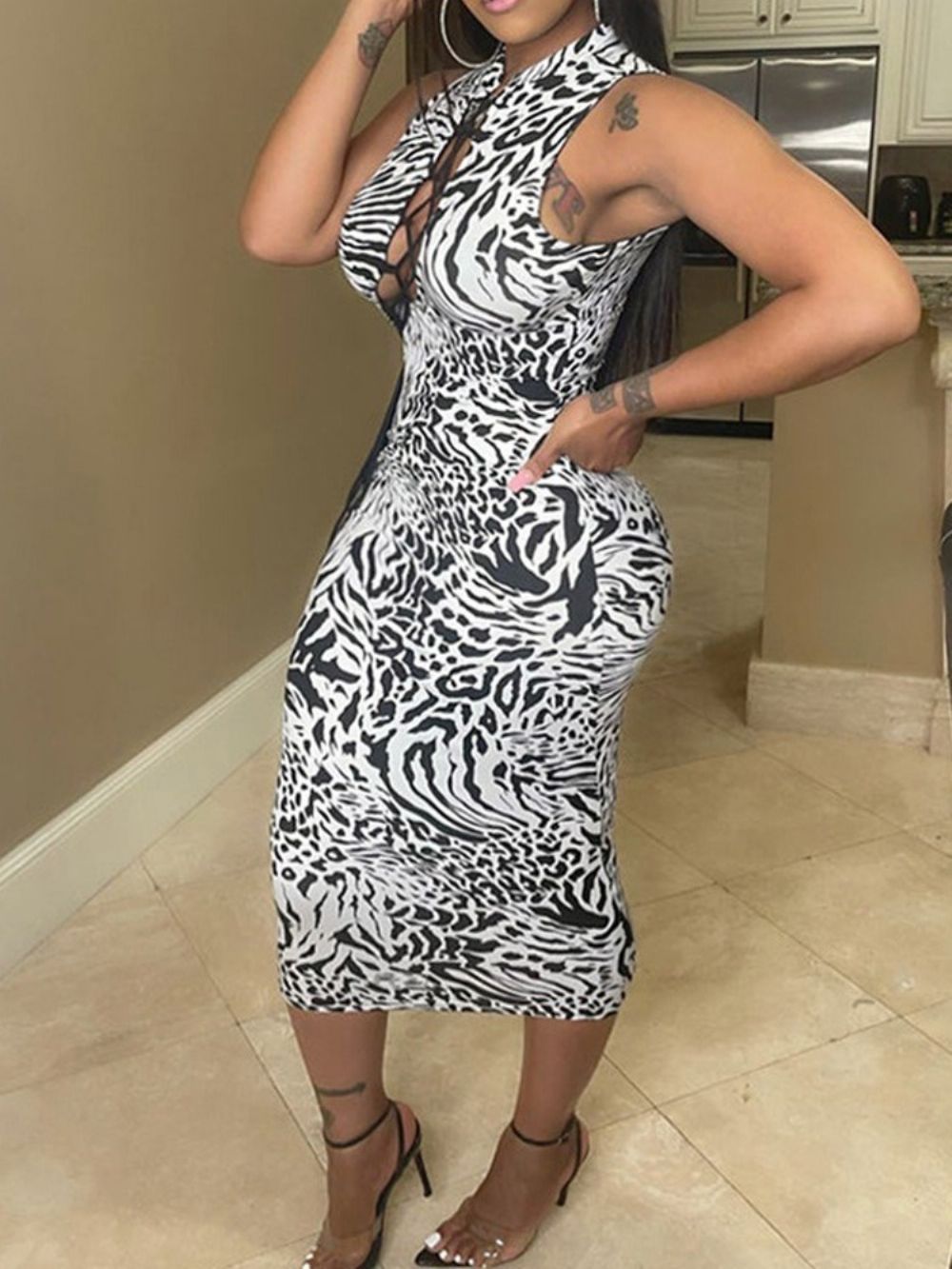 Vestido Com Gola Oca E Sem Manga Sexy Listra De Zebra Bodycon