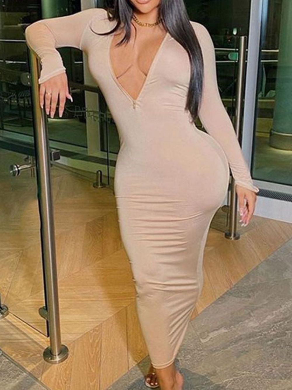 Vestido Coreano Bodycon Manga Longa Gola Alta E Meia Panturrilha