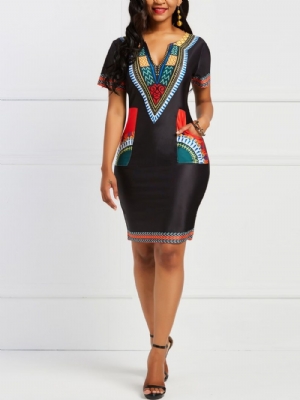 Vestido Feminino Estilo Étnico Africano Bodycon Geométrico