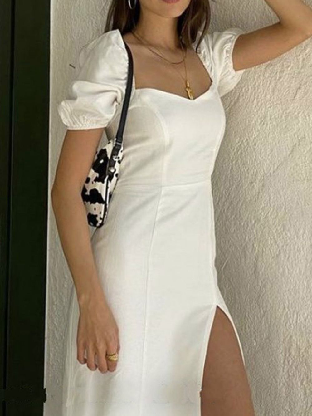 Vestido De Festa De Casamento De Manga Curta Lisa E Branco Com Manga Curta Dividida Vestido De Noiva