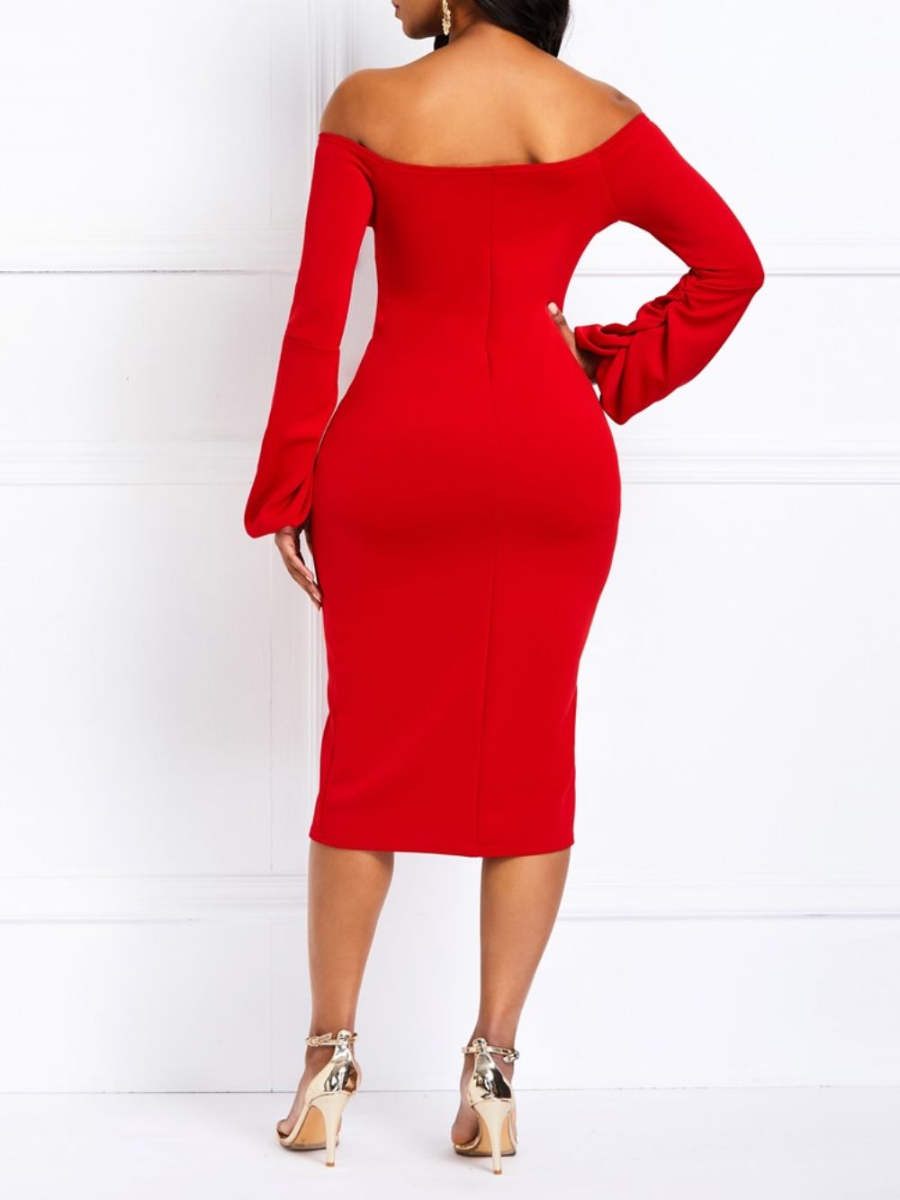 Vestido De Festa Vermelho Bodycon Manga Longa Ombro A Ombro