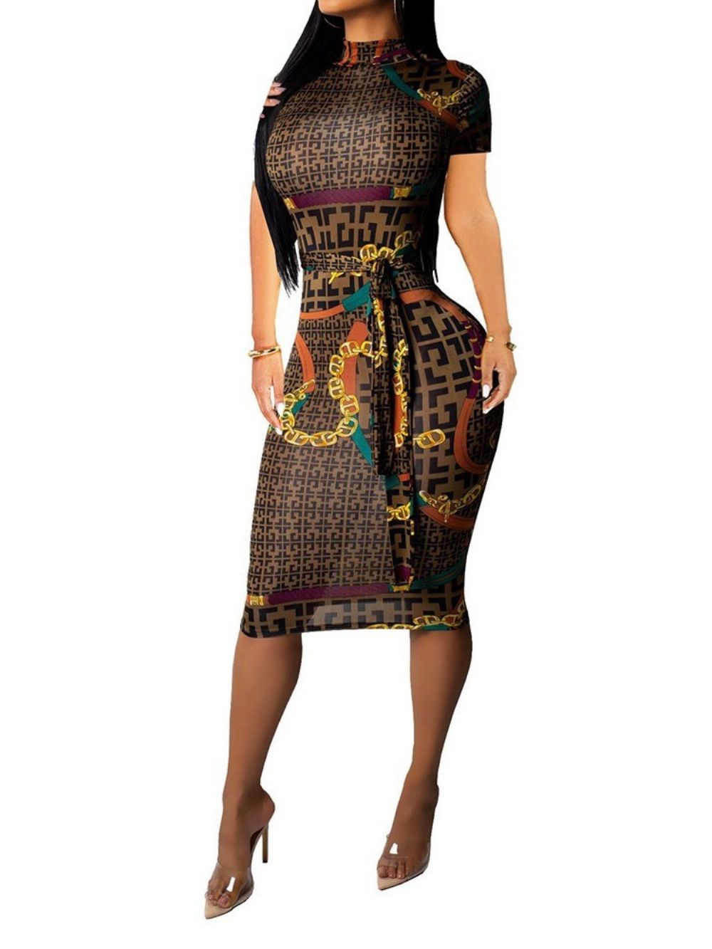 Vestido Geométrico Africano Fashion Lápis Meio Da Panturrilha