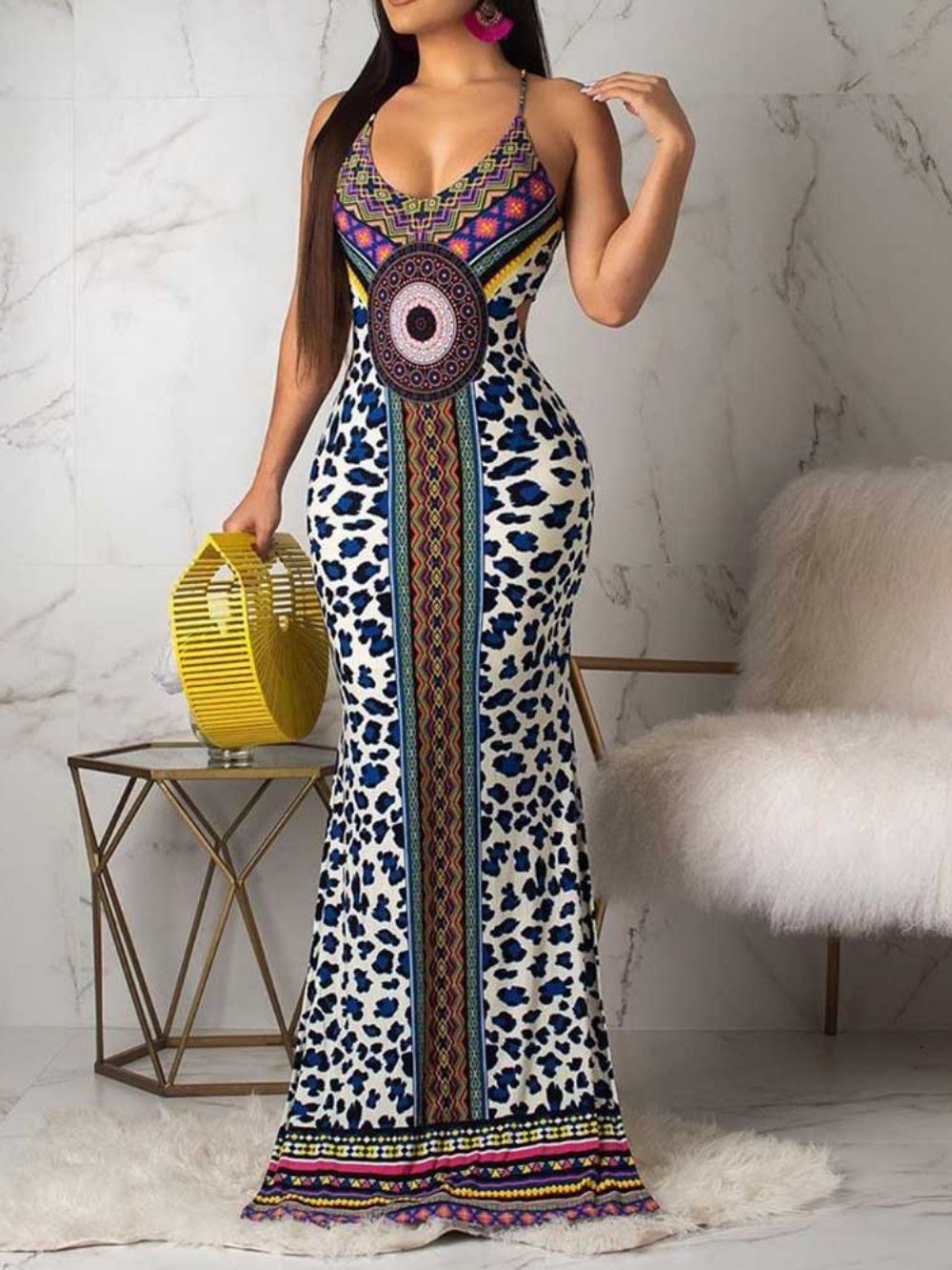 Vestido Geométrico Sem Mangas Estilo Africano Estilo Africano Sem Mangas