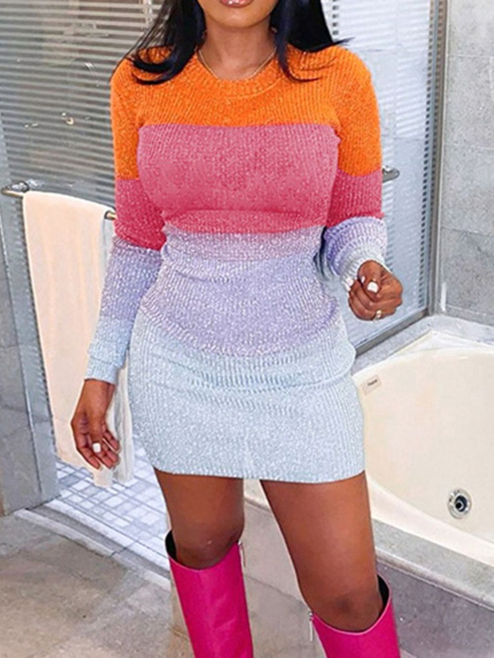 Vestido Gola Redonda Patchwork Manga Longa Regular Color Block Bodycon Bodycon