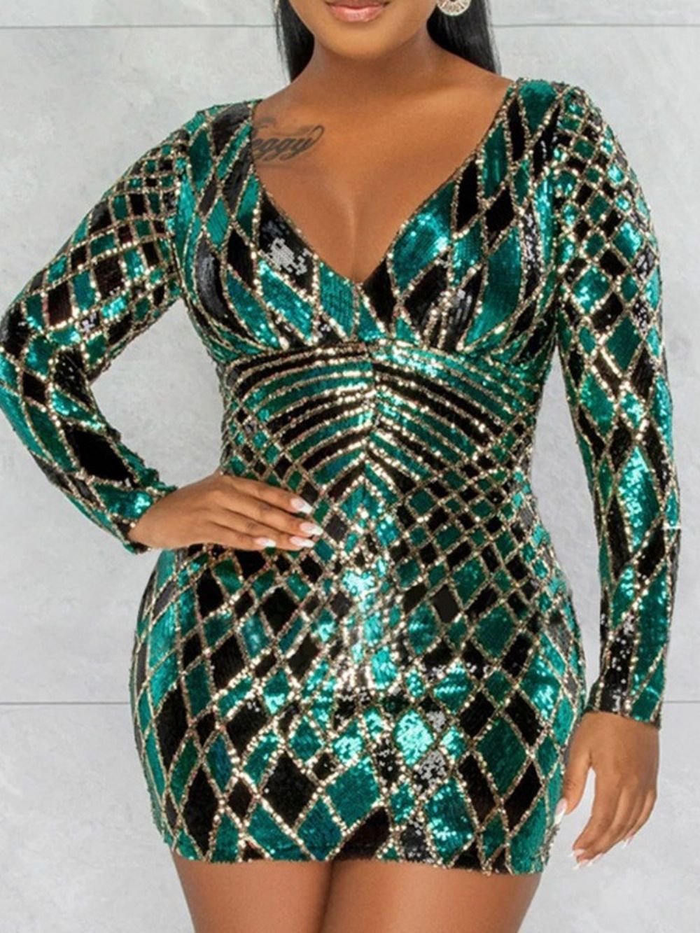 Vestido De Lantejoulas Com Decote Em V Manga Longa Verão Escritório Lady Bodycon