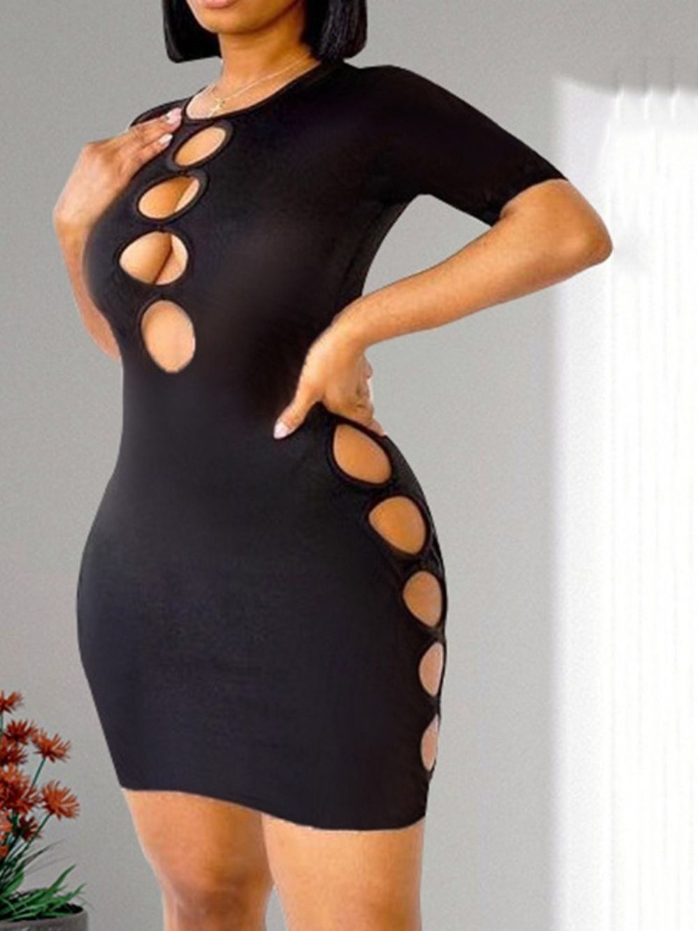 Vestido De Manga Curta Acima Do Joelho Oco Sexy Liso Bodycon