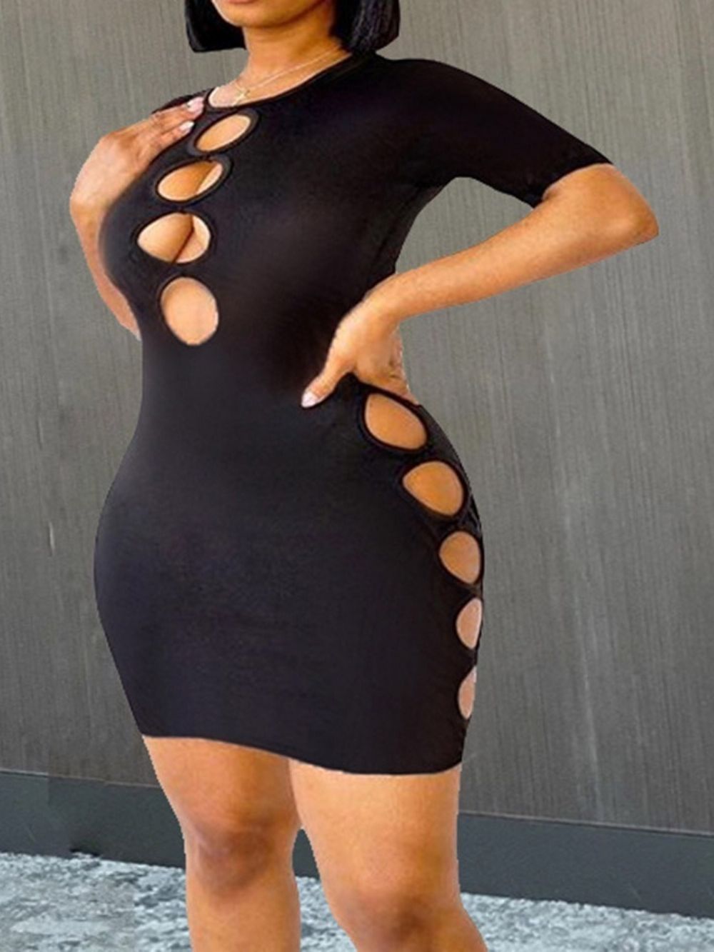 Vestido De Manga Curta Acima Do Joelho Oco Sexy Liso Bodycon