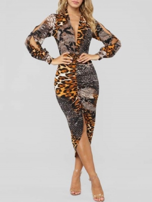 Vestido Manga Longa Estampa Gola V E Bodycon Leopardo