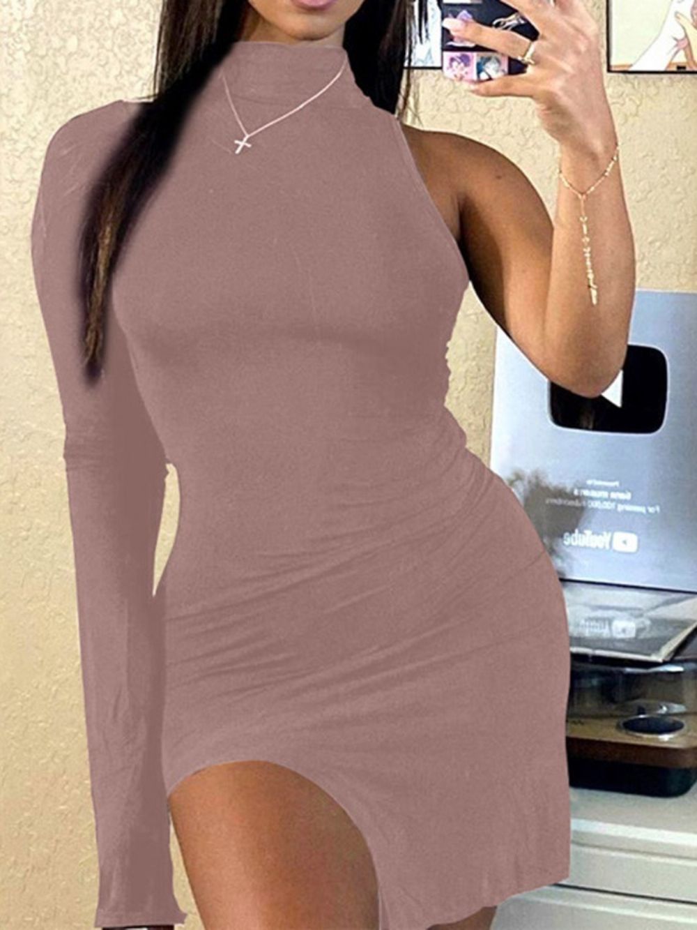 Vestido Manga Longa Gola Alta Acima Do Joelho Pulôver Liso Bodycon