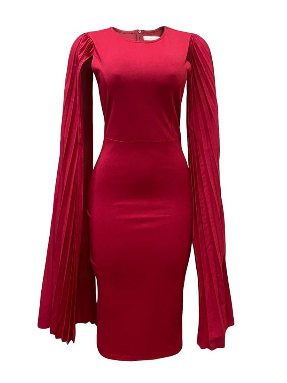 Vestido Manga Longa Plissado Meia Panturrilha Bodycon Cintura Alta