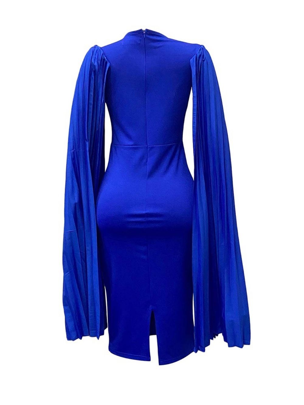 Vestido Manga Longa Plissado Meia Panturrilha Bodycon Cintura Alta