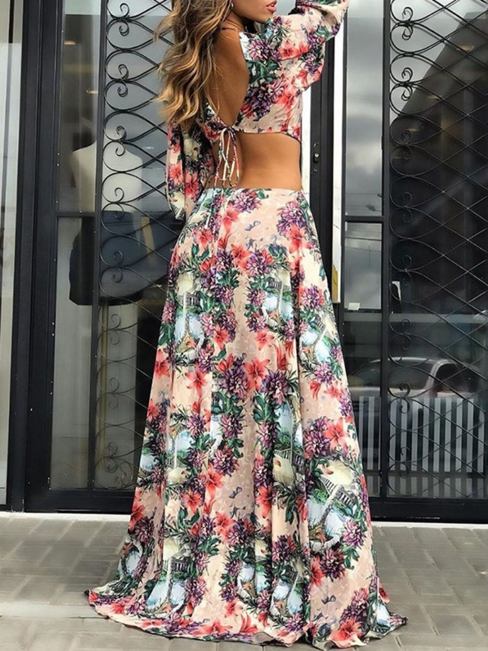 Vestido Maxi Floral Com Decote Em V E Manga Três Quartos Com Amarração