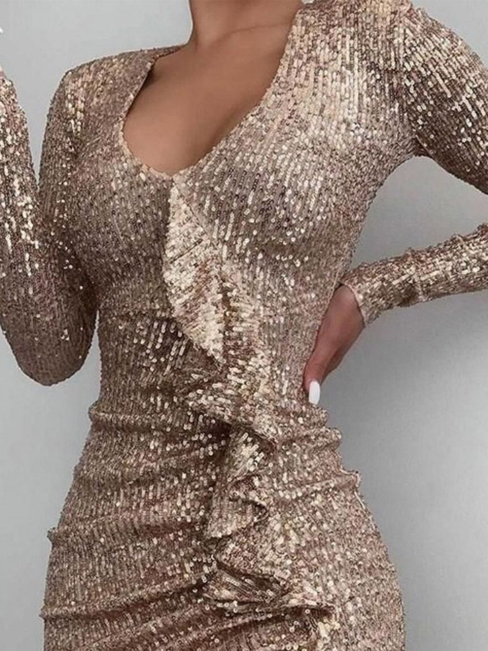 Vestido Moda Acima Do Joelho Falbala Manga Longa Bodycon