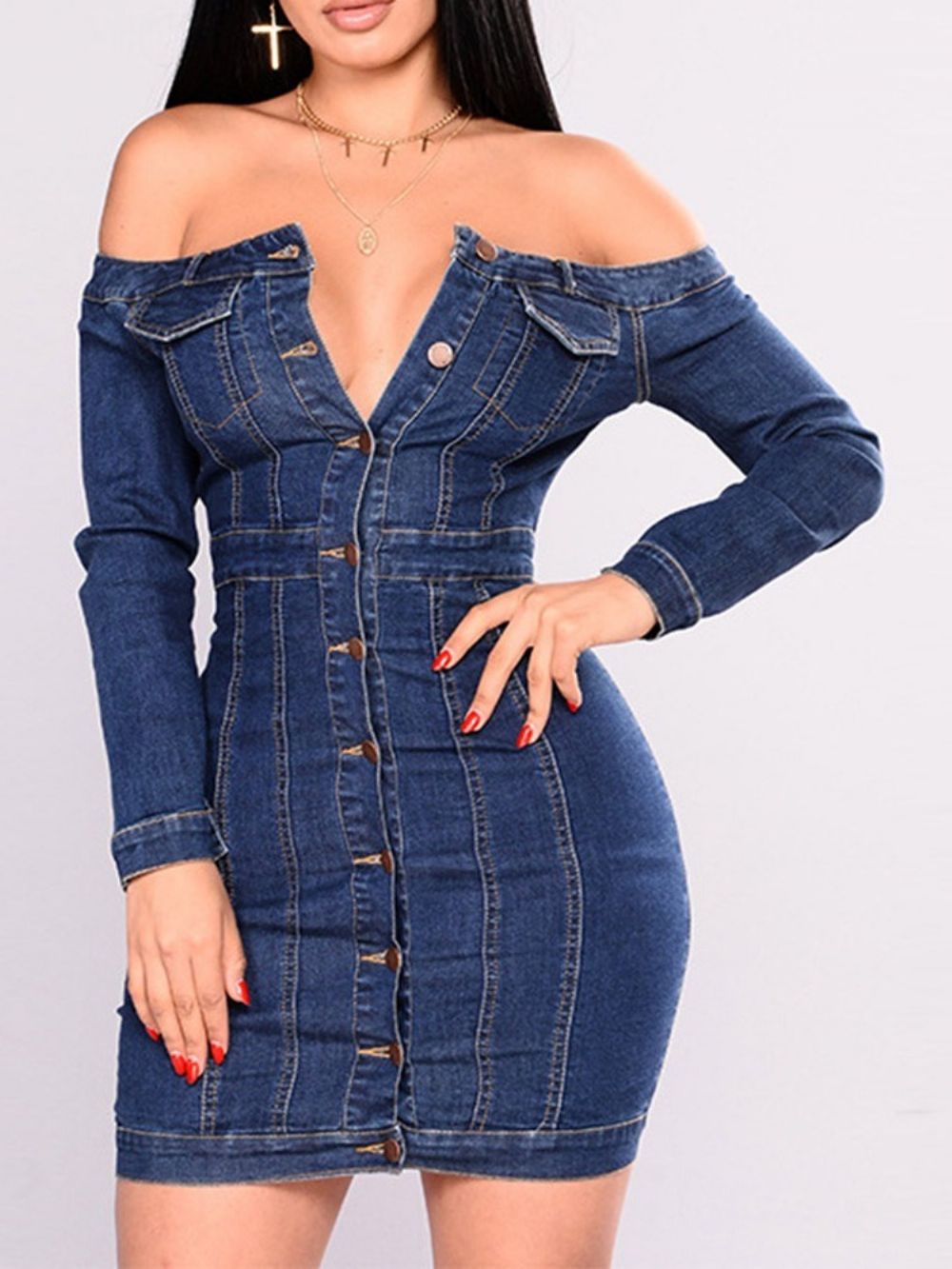 Vestido Ombro A Ombro Manga Longa Com Botão Regular Liso Bodycon Plus Size