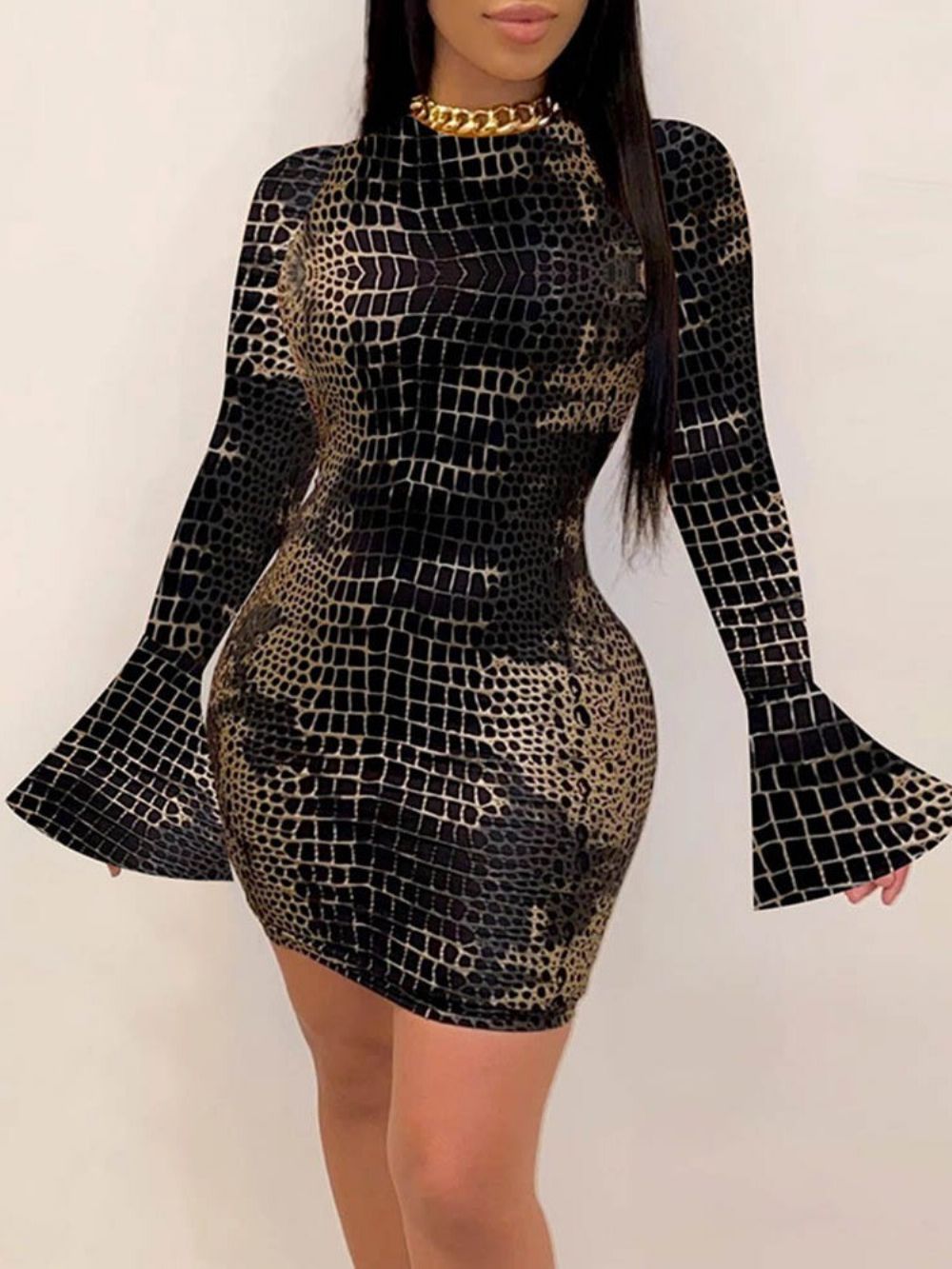 Vestido De Outono Bodycon Manga Longa Gola Redonda Acima Do Joelho