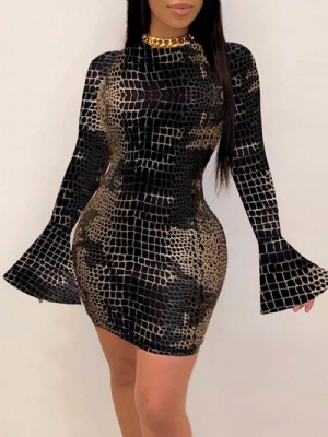 Vestido De Outono Bodycon Manga Longa Gola Redonda Acima Do Joelho