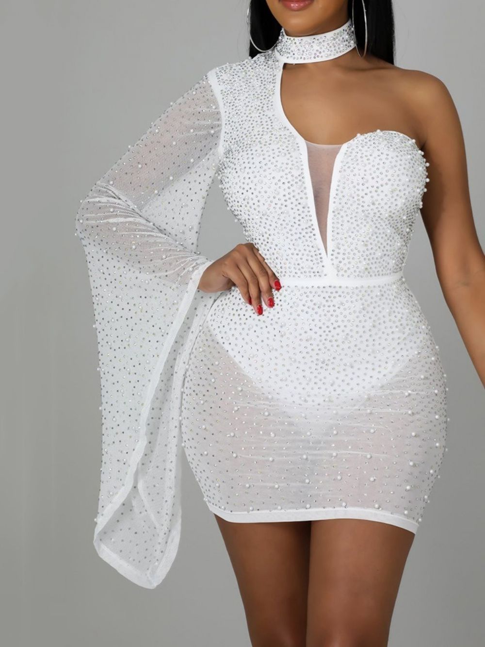 Vestido Pulôver Bodycon Manga Longa Acima Do Joelho Com Miçangas