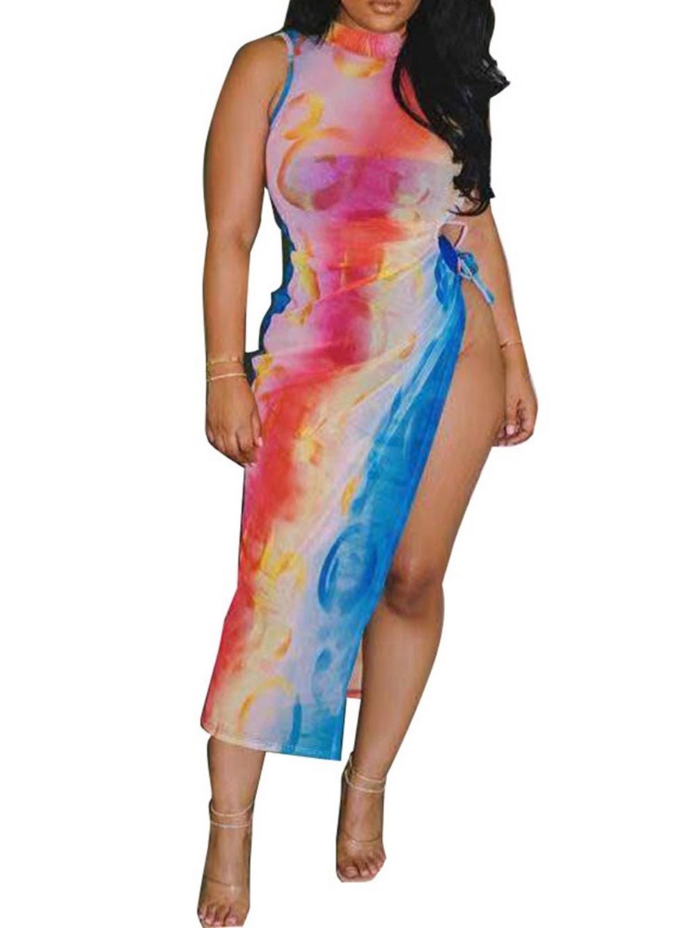 Vestido Pulôver Bodycon Sem Mangas Meio Da Panturrilha Dividido Em Gradiente