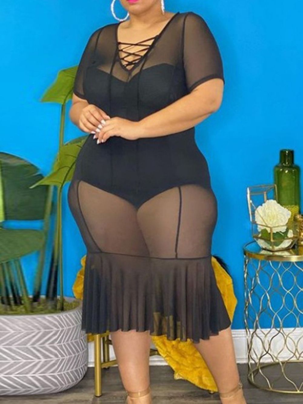 Vestido Pulôver Com Decote Em V Transparente Até O Meio Da Panturrilha E Tamanho Grande