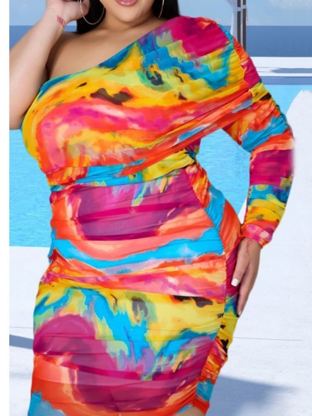 Vestido Pulôver Ocidental Bodycon Manga Longa Assimétrica Gola Oblíqua