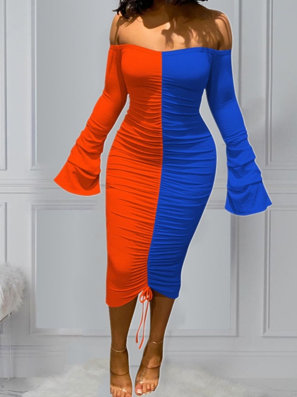 Vestido Pulôver Off Shoulder Patchwork Mid-Bezerro Color Block