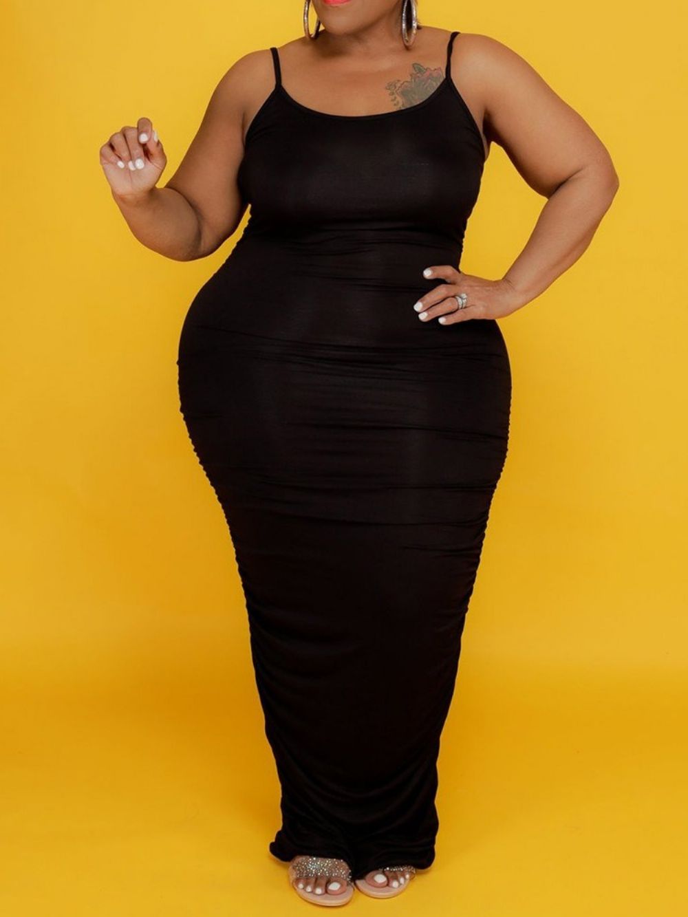 Vestido Pulôver Plissado Até O Chão Sem Mangas Bodycon Plus Size