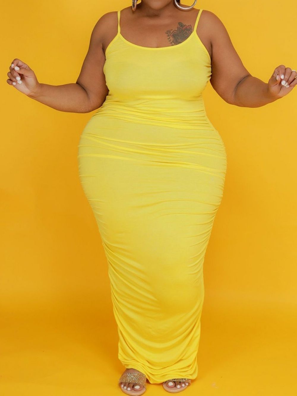 Vestido Pulôver Plissado Até O Chão Sem Mangas Bodycon Plus Size